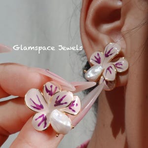 18k Gold Plated Flower Earrings,  Pink Floral Baroque Pearls, Elegant Botanical Jewelry Set, Unique Gift for Her