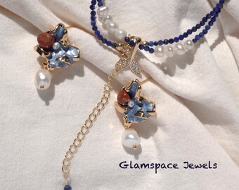 Süßwasser Perlenkette & Ohrringe Set: Lapis Lazuli, Gold Charm Schmuck
