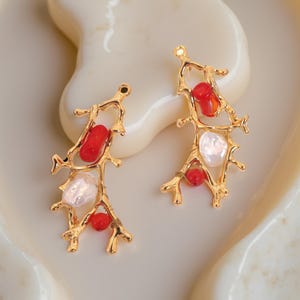 18k Gold Plated Pearl Dangle Earrings: Red Gemstone Baroque Jewelry