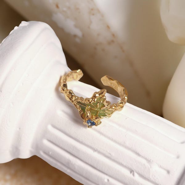 18k Gold Vermeil Ring with Leaf Tiny Aquamarine Stone,  Chunky Irregular Sterling Silver Band , Art Deco Handmade Jewelry Gift for Her