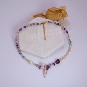 Purple Gemstone Necklace Set, Handmade with Freshwater Pearls - Multi Gemstone Beaded Jewelry Gift for Her, Colorful & Unique Necklace