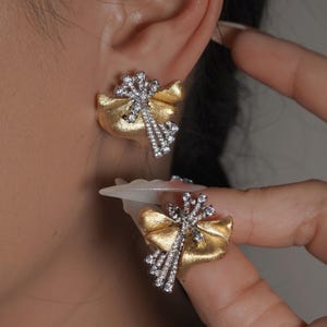 Gold Diamond Bow Tie Earrings, Bouquet Shape CZ Diamonds, Luxury 18k Gold Plated Silver, Elegant Fashion Statement Jewelry, Gift for women