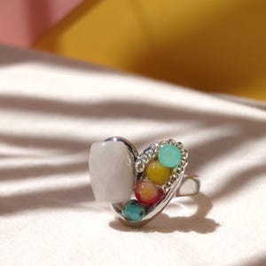 Colorful Stone Heart Ring Set: Adjustable Silver Plated Boho Rings
