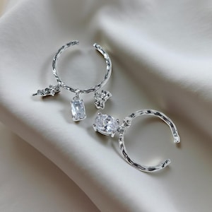 CZ Diamond Charm Silver Ring Set: Bowtie Rose Flower Adjustable Rings