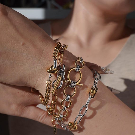アクセサリー Gold & Silver Combination Chain Bracelet Gold & Silver Mixed Metal Bracelet Set • Stainless Steel Anti
