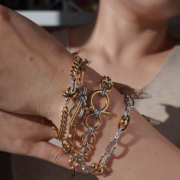 Armbandset aus Gold und Silber • Edelstahl-Armbänder mit Anlaufschutz • Markante Gliederarmbänder • Zweireihiges Set