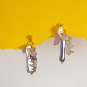 Pearl Dangle Hanging Earrings, Purple Mix Stone Jewelry Set, Gold Multi Beads Boho Retro style, Unique Jewelry Gift For Women