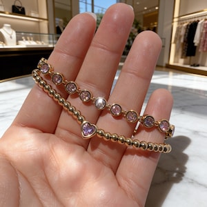 Gold Stainless Steel Tennis Bracelet Set • Pink CZ Heart & Round Stone • Dual Layer Stackable Bracelet • Anti Tarnish Jewelry