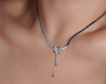 Silver Butterfly Pendant Necklace: Stainless Steel Snake Chain