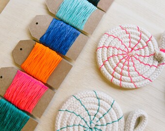 DIY Coasters craft kit, materials and instructions to make coil rope coasters.