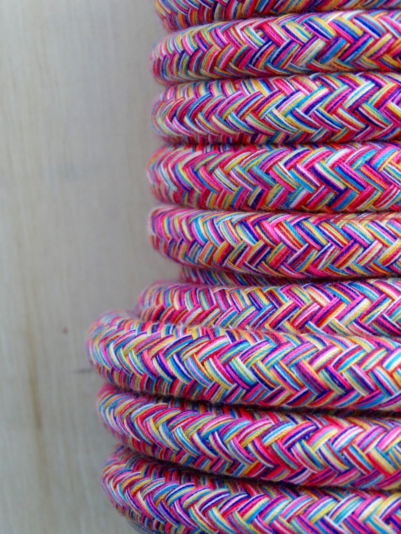 Cotton plaited rope in multi colours with nylon core. For Etsy