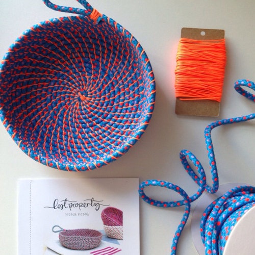 Coil rope bowl tutorial and materials. Woven rope basket making kit and instructions DIY, sewing kit tutorial