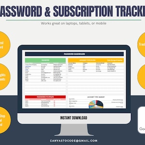 Tracker voor wachtwoorden en abonnementen: Google Spreadsheets-sjabloon (digitale download)