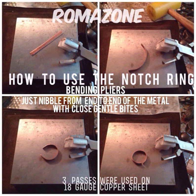 May include: A step-by-step guide on using notch ring bending pliers. The image shows the process of bending a copper sheet with the pliers. Text includes "ROMAZONE", "HOW TO USE THE NOTCH RING BENDING PLIERS", and "3 PASSES WERE USED ON 18 GAUGE COPPER SHEET".