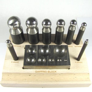 Steel Dapping set, 10 pc dapping set,dapping combo, Compact dapping set, block with wood stand sizes 5,8 11,14,17,19,24,27mm image 2