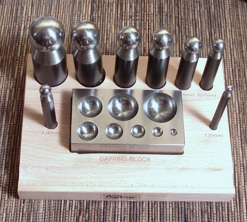 Steel Dapping set, 10 pc dapping set,dapping combo, Compact dapping set, block with wood stand sizes 5,8 11,14,17,19,24,27mm image 3