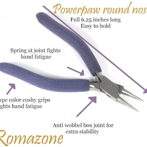 May include: Purple handled round nose pliers with a spring at the joint and cushioned grips. The pliers are 6.25 inches long and have an anti-wobble box joint for extra stability.  "Powerpaw round nose" and "Romazone" are printed on the image.
