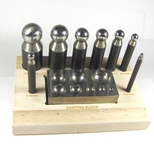 Steel Dapping set, 10 pc dapping set,dapping combo, Compact dapping set, block with wood stand sizes 5,8 11,14,17,19,24,27mm image 1