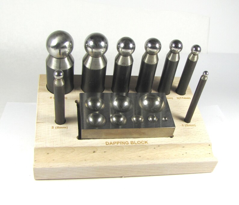 Steel Dapping set, 10 pc dapping set,dapping combo, Compact dapping set, block with wood stand sizes 5,8 11,14,17,19,24,27mm image 1