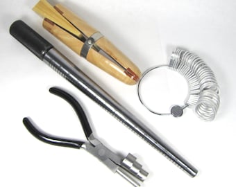Ring Making Tools Kit by Romazone, Steel Ring Mandrel Set, Ring Coiling Pliers, Wood Ring Clamp, Aluminum Finger Size Gauge, Jewelry Maker