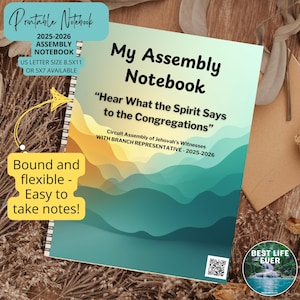 May include: A spiral-bound notebook with the title "My Assembly Notebook" and the text "Hear What the Spirit Says to the Congregations." The notebook is US Letter size 8.5x11 and includes the years 2025-2026. The cover features a teal and yellow wave design.