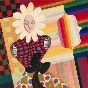 May include: A colorful abstract painting of a stylized figure with a large white daisy for a head. The figure is wearing a red, black, and white dress with a black bow. The background is a mix of geometric shapes and patterns in various colors.