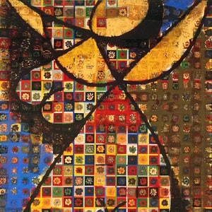 May include: Abstract painting with a colorful grid of small squares, each containing a stylized flower. The grid is partially obscured by black lines and shapes, creating a dynamic composition.