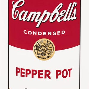 May include: A red and white Campbell's Soup can with the words "CONDENSED" and "PEPPER POT SOUP" printed on it. The can has a gold seal with an image of a woman on an eagle.