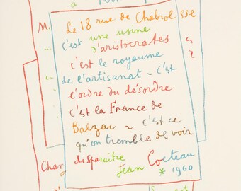 Jean Cocteau, Manuscript, from Memories and Portraits of Artists, Limited Edition Lithograph, 1972