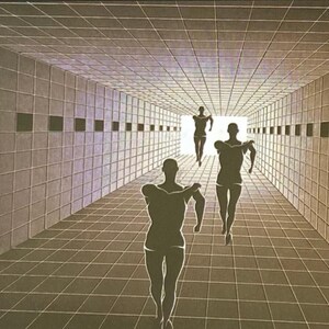 May include: Four figures in silhouette walk down a hallway with a grid pattern on the walls and floor. The figures are walking towards a bright light at the end of the hallway.