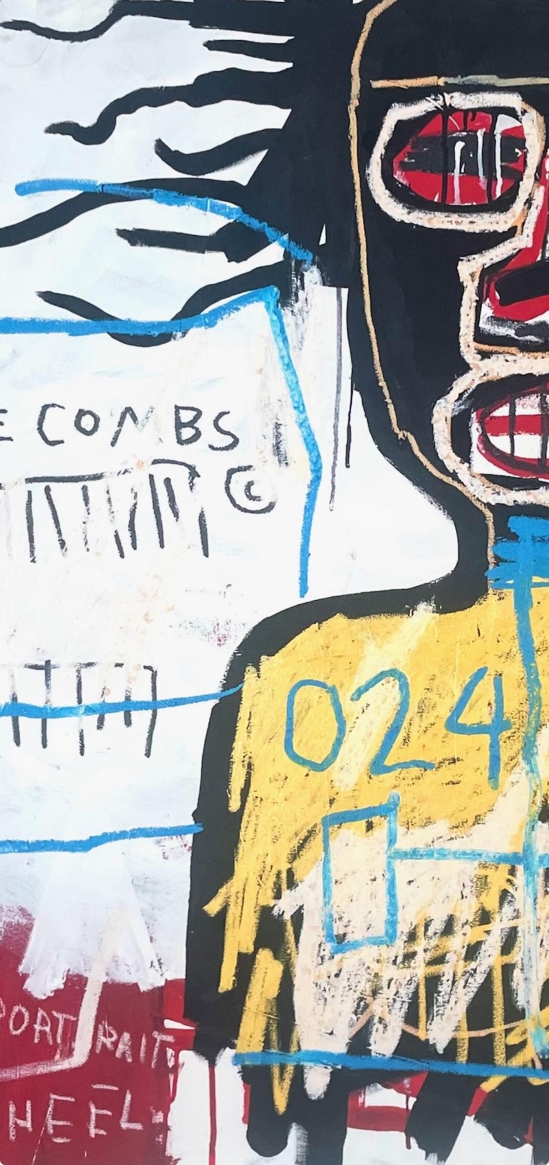 Puede incluir: Obra de arte abstracta que presenta una figura con cabeza negra y torso amarillo. La cara tiene detalles rojos y una boca ancha. Se ven l&iacute;neas azules y el n&uacute;mero "024". Fragmentos de texto incluyen "E COMBS" y "PORTRAIT HEEL".