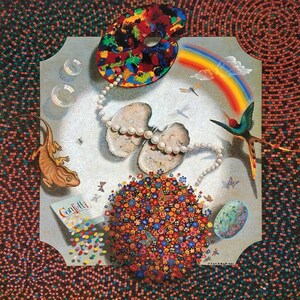 May include: A colorful painting featuring a rainbow, a paint palette, a pearl necklace, a bouquet of flowers, a lizard, a hummingbird, and a box of confetti. The painting is set against a background of mosaic tiles.