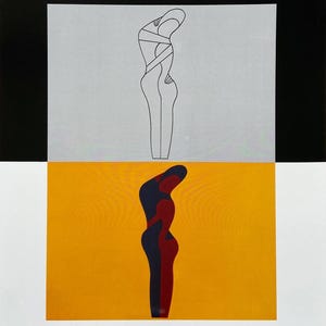May include: A black and white line drawing of two figures embracing, above a colorful illustration of two figures embracing in red, blue, and yellow on a yellow background.