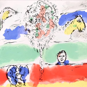 May include: Abstract art print featuring a bird with blue and purple markings, a tree-like form with red and green accents, and a person's face. The artwork uses a palette of red, blue, green, and yellow.