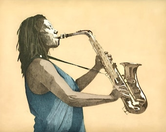 May include: A person with long dreadlocks plays a gold saxophone. The person is wearing a blue sleeveless shirt and is looking to the right.