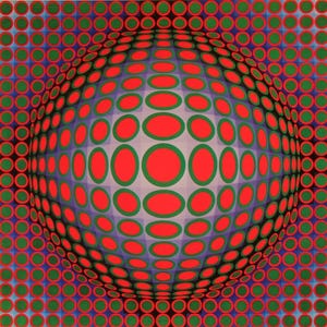 Puede incluir: Una obra de arte de ilusión óptica que presenta una esfera roja y verde con una superficie texturizada. La esfera parece flotar frente a un fondo azul y morado.