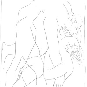 Puede incluir: Un dibujo lineal en blanco y negro que representa dos figuras entrelazadas. Las figuras están en un abrazo cercano, con una figura colocada encima de la otra. La obra de arte es una representación simple, pero expresiva, de formas humanas.