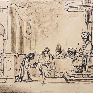 May include: A black and white pen and ink drawing of a scene with a man kneeling before a group of people seated on a platform. The man is wearing a long robe and the people on the platform are wearing turbans and robes. The drawing is set in a room with a large archway in the background.