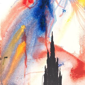 以下が含まれることがあります： 中央に黒い塔が描かれた抽象的な水彩画。塔は赤、青、黄、オレンジのカラフルな背景に囲まれています。絵画は右下に「ダリ」と署名されています。