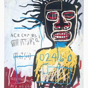 Puede incluir: Pintura abstracta que presenta una figura de cara negra con ojos rojos y una amplia sonrisa. La figura lleva una parte superior amarilla con los n&uacute;meros "02460" en azul. Tambi&eacute;n son visibles las palabras "ACE COMBS" y "SELF PORTRAIT AS A HEEL".