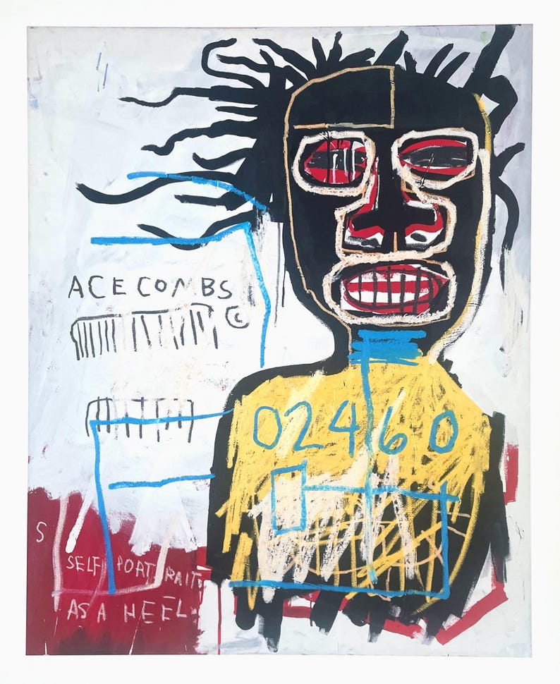 Puede incluir: Pintura abstracta que presenta una figura de cara negra con ojos rojos y una amplia sonrisa. La figura lleva una parte superior amarilla con los n&uacute;meros "02460" en azul. Tambi&eacute;n son visibles las palabras "ACE COMBS" y "SELF PORTRAIT AS A HEEL".