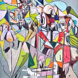 Op de afbeelding: Een abstract schilderij met een kleurrijk, geometrisch ontwerp. Het schilderij toont meerdere figuren met overdreven kenmerken, waaronder grote ogen en monden. De figuren zijn weergegeven in verschillende kleuren, waaronder rood, blauw, groen, geel en roze. Het schilderij is gemaakt met een combinatie van penseelstreken en lijnen.