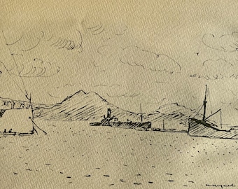 May include: A black and white ink drawing of a harbor scene with three ships and a mountain range in the background. The sky is filled with clouds.