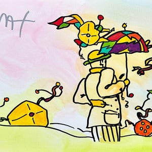 Peter Max, Umbrella Man, Hand Signed, Mixed Media Watercolor and Silkscreen Painting