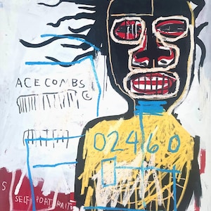 Puede incluir: Pintura abstracta que presenta una figura de rostro negro con ojos y dientes rojos, vistiendo una parte superior amarilla con el n&uacute;mero "02460". La obra incluye el texto "ACE COMBS" y "SELF PORTRAIT AS A HEEL" con acentos azules y rojos.