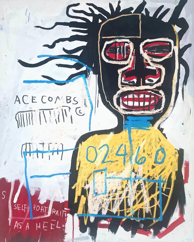 Puede incluir: Pintura abstracta que presenta una figura de rostro negro con ojos y dientes rojos, vistiendo una parte superior amarilla con el n&uacute;mero "02460". La obra incluye el texto "ACE COMBS" y "SELF PORTRAIT AS A HEEL" con acentos azules y rojos.