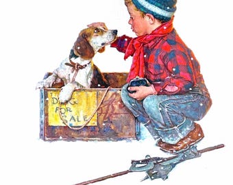 Norman Rockwell, Un niño conoce a su perro, de Las cuatro estaciones, litografía offset de edición limitada, 1991