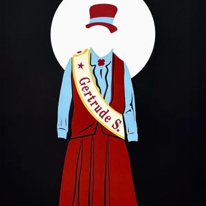 以下が含まれることがあります： 赤と白のシルクハット、青いシャツ、赤いベスト、赤いスカート、そして「Gertrude S.」と書かれた黄色と青の帯を身に着けた人物のイラスト。人物は黒い背景に白い円の前に立っている。