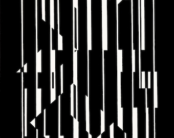 May include: Black and white abstract geometric pattern with vertical lines and shapes.