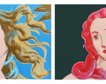Andy Warhol, Botticelli, Geburt der Venus, Rot 11.316 & Blau 11.319, Zweiersuiten, offizielle limitierte Auflage, Sweater 2019, Siebdrucke